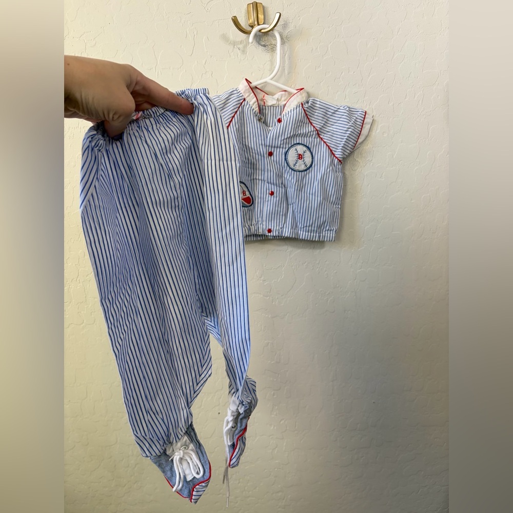 Blue & White Striped Kids Pajama Set with Red Trim